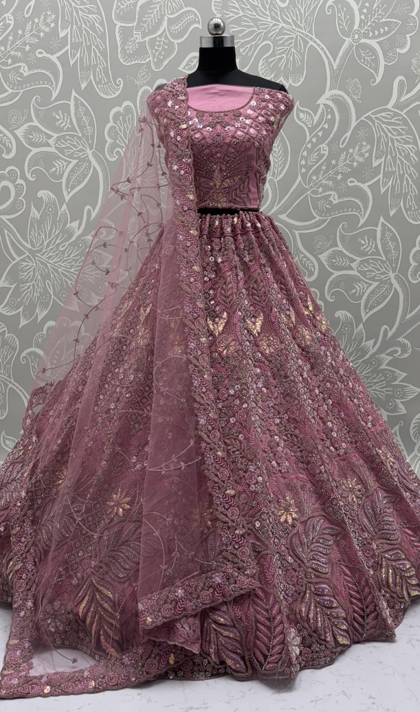 Pink Net A - Line Lehenga Choli with Diamond, Dori, Embroidered, Fancy, Multi, Sequins, Thread and Zircon Work